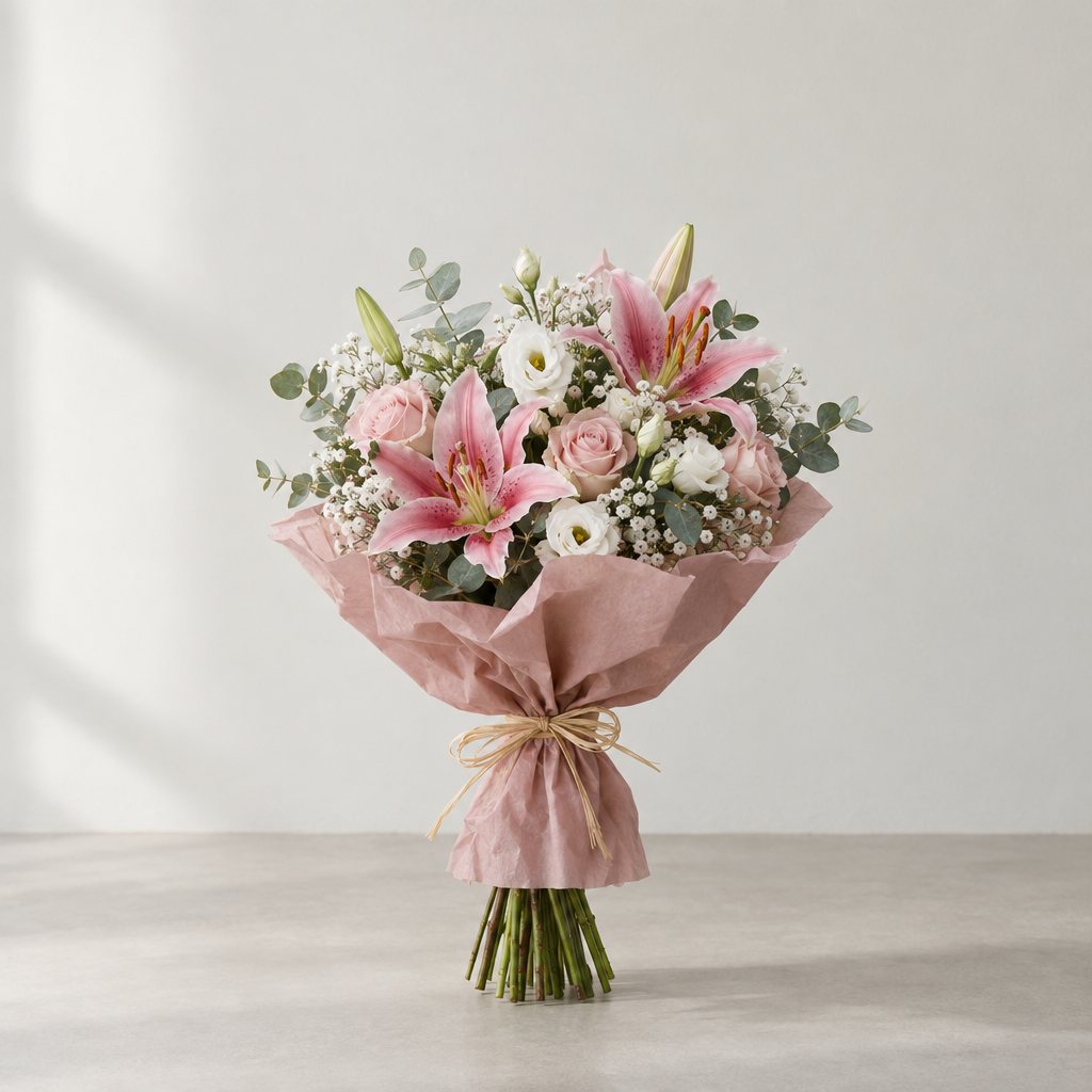 A hand-tied bouquet of pink oriental lilies and roses in a dusty rose paper wrap