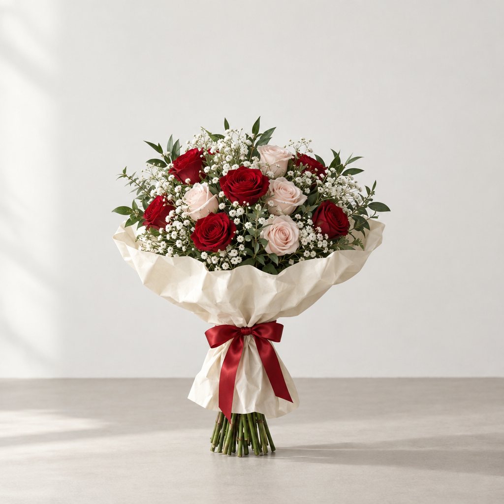 Red and blush roses with baby's breath, tied with a red satin ribbon