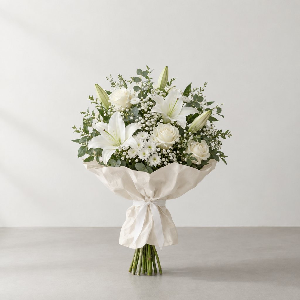 An all-white sympathy bouquet of lilies, roses and chrysanthemums