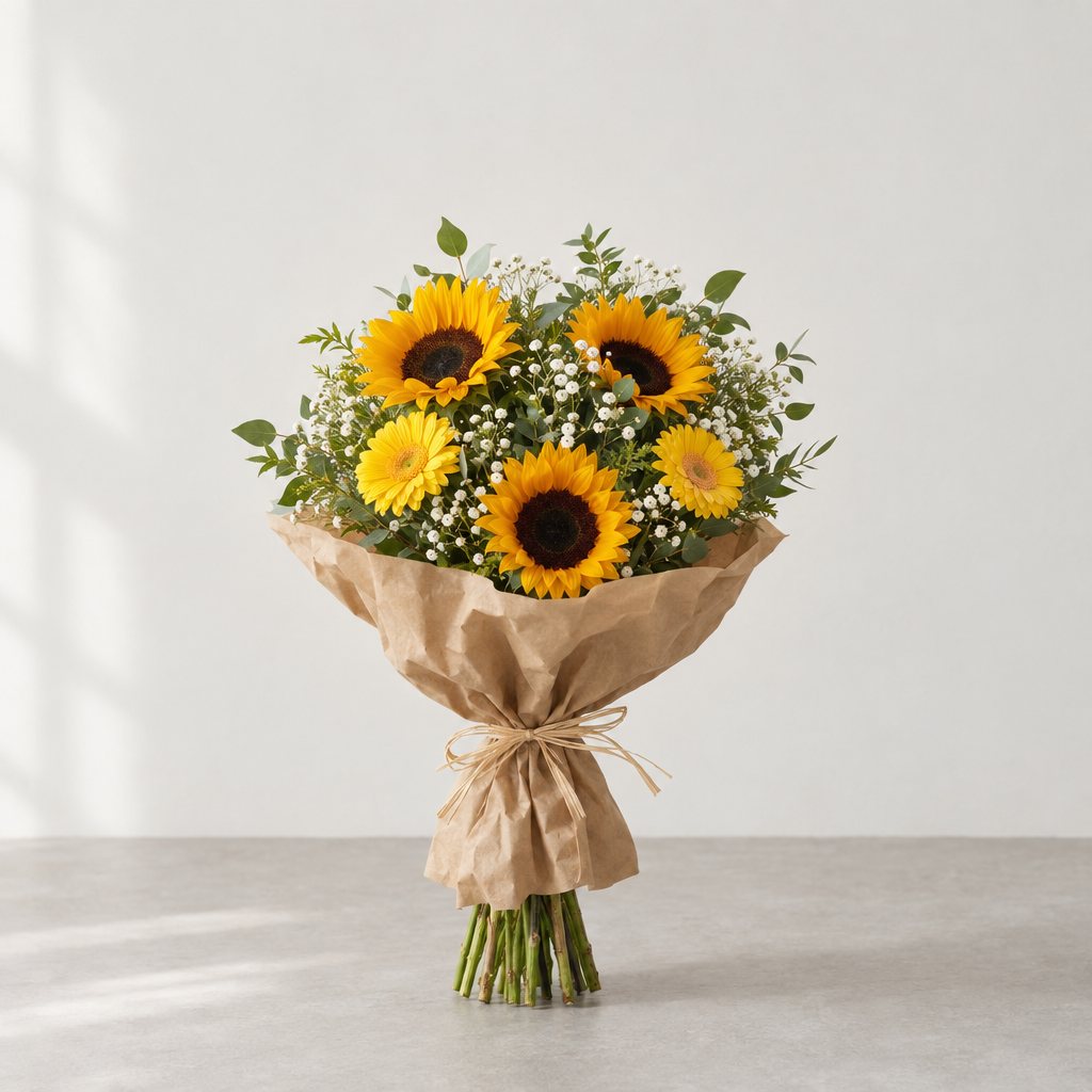 Sunflowers and yellow gerbera in kraft paper
