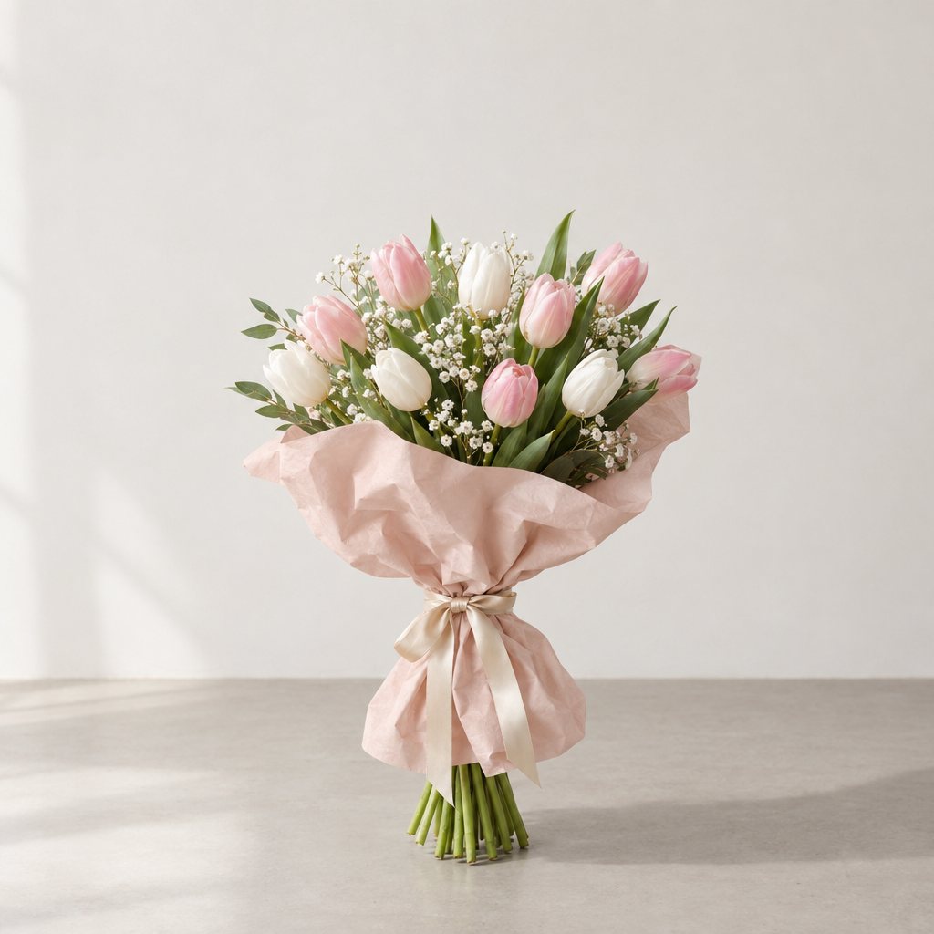 Pink and white tulips in a blush paper wrap