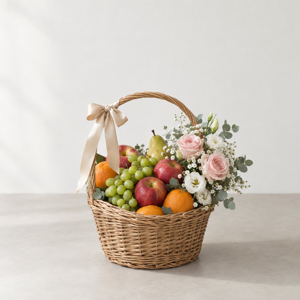 A rattan basket of fresh fruit dressed with pink roses and baby's breath