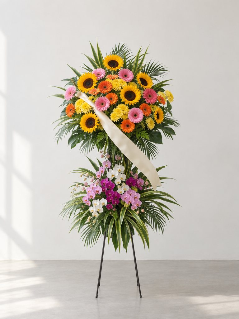 A tall two-tier congratulatory grand opening flower stand
