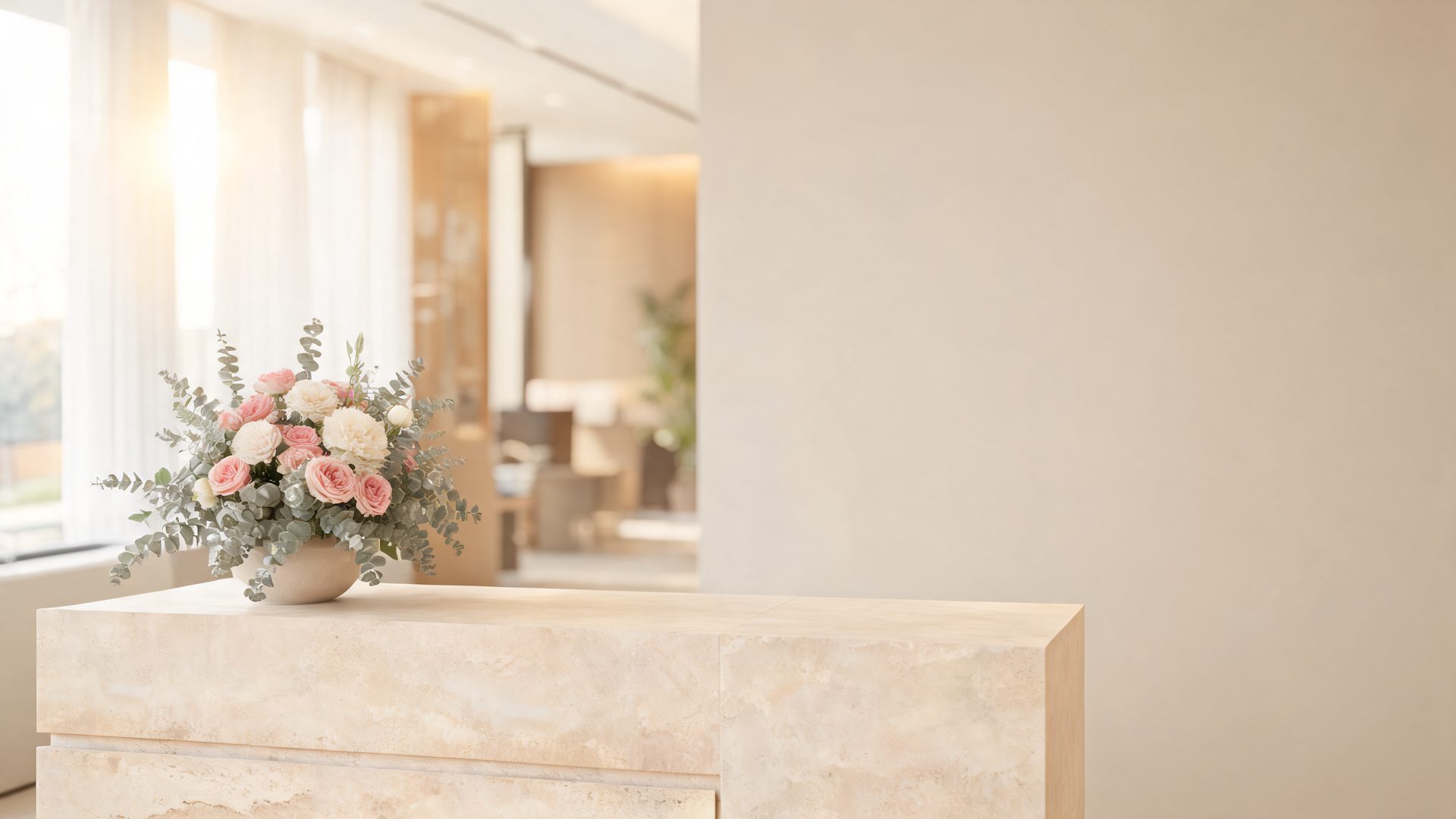 A fresh flower arrangement on a corporate office reception counter