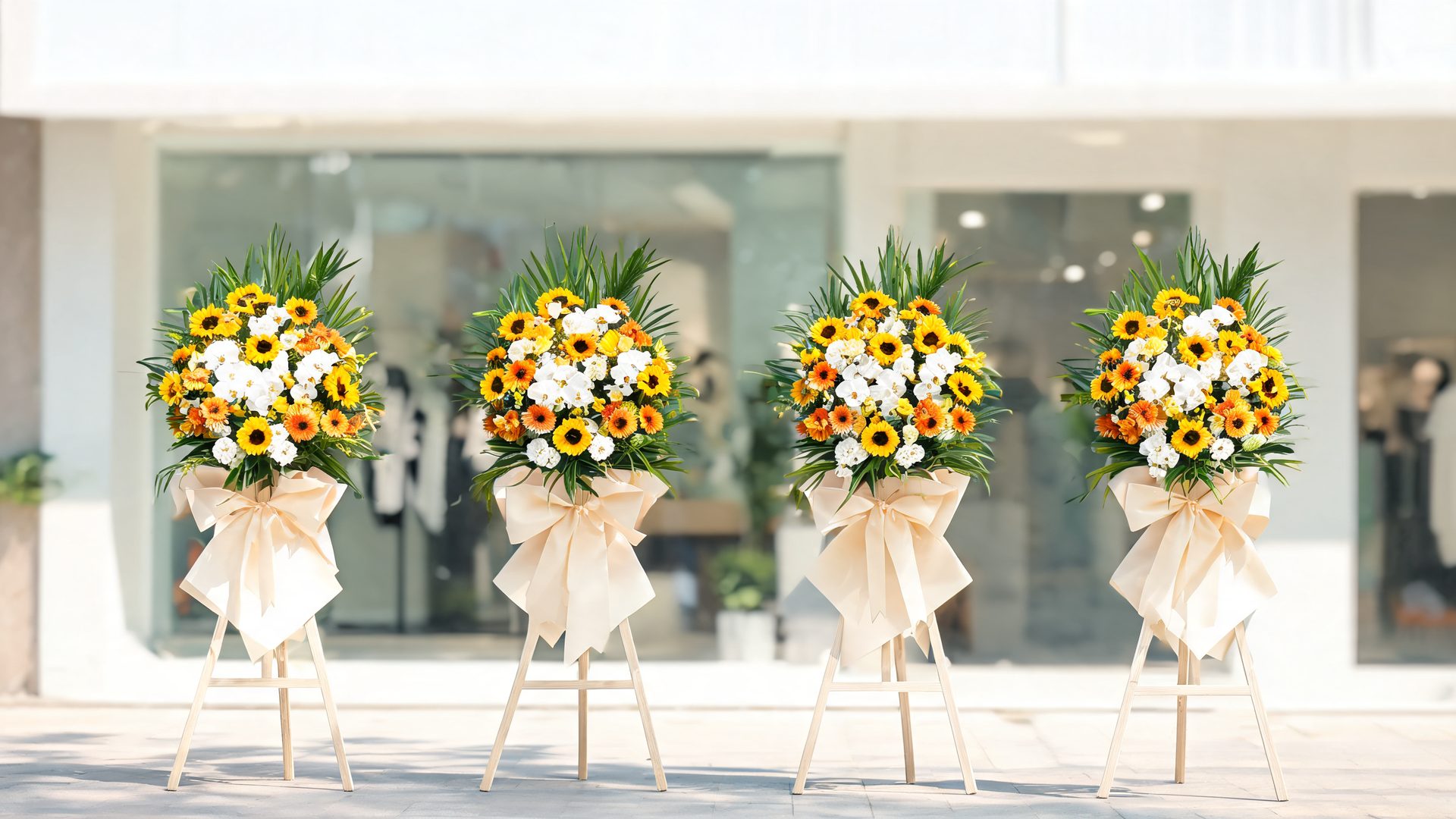 A row of tall congratulatory flower stands outside a newly opened shopfront