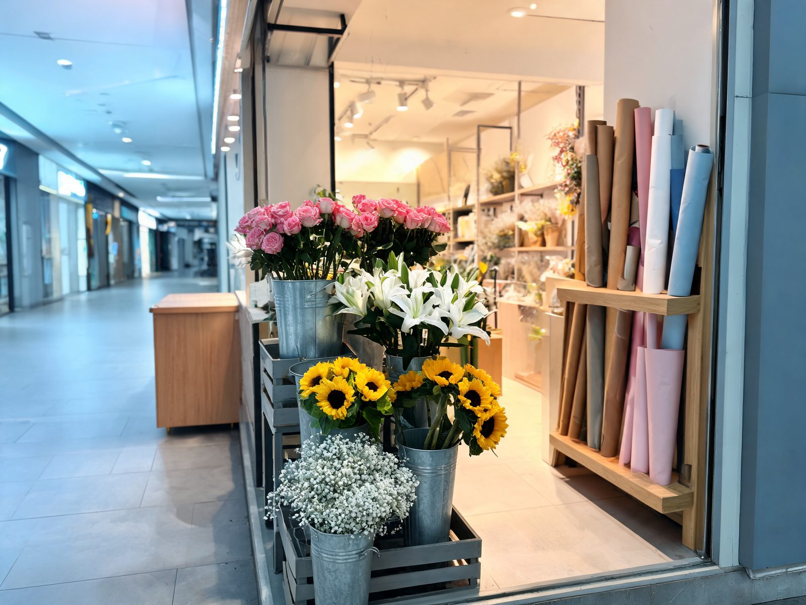 The interior of a small mall florist unit with buckets of fresh flowers on tiered stands