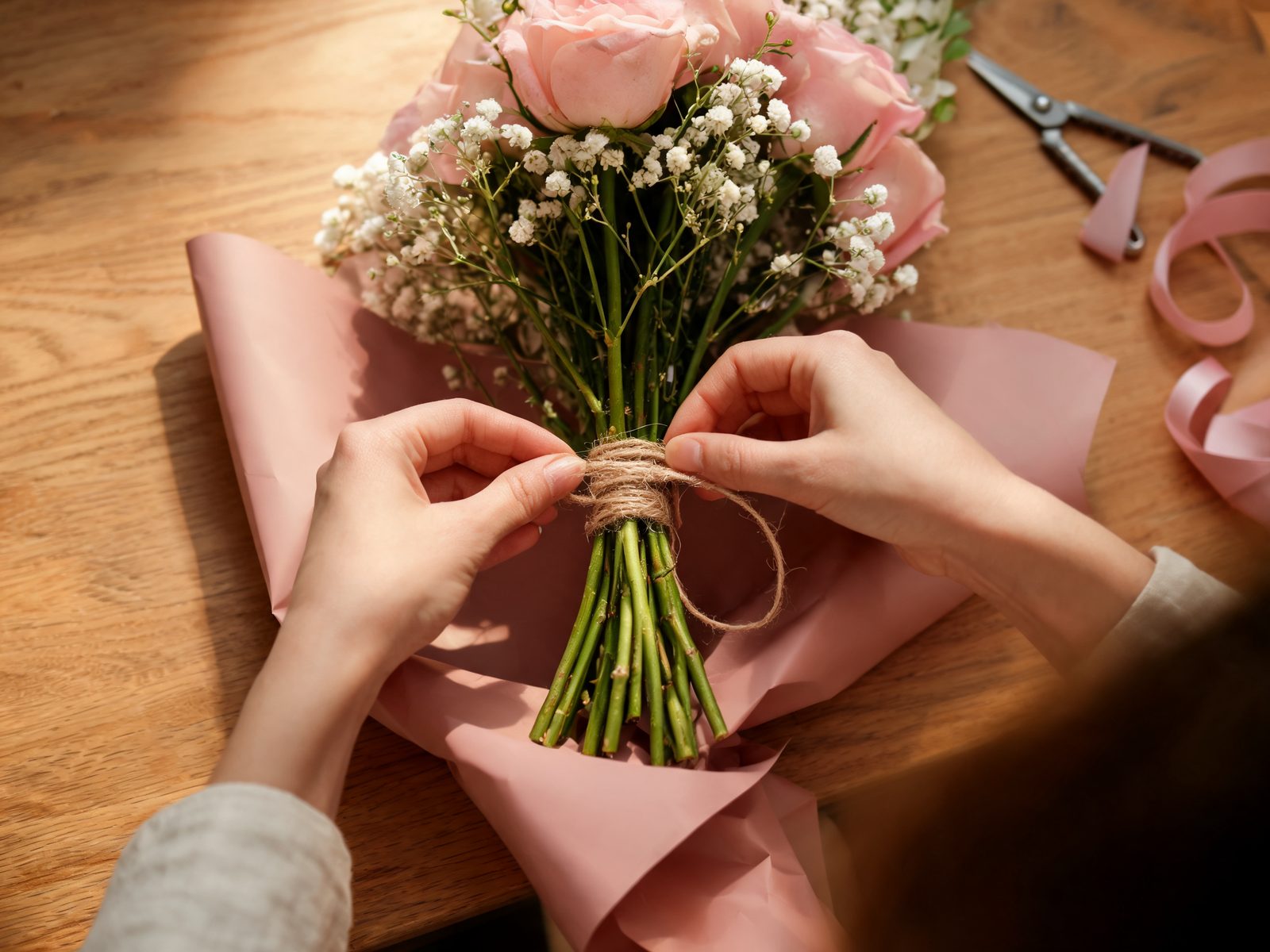 A florist tying twine around the stems of a half-built bouquet of pink roses