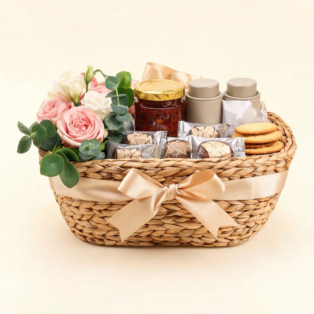 A festive hamper of wrapped treats dressed with roses