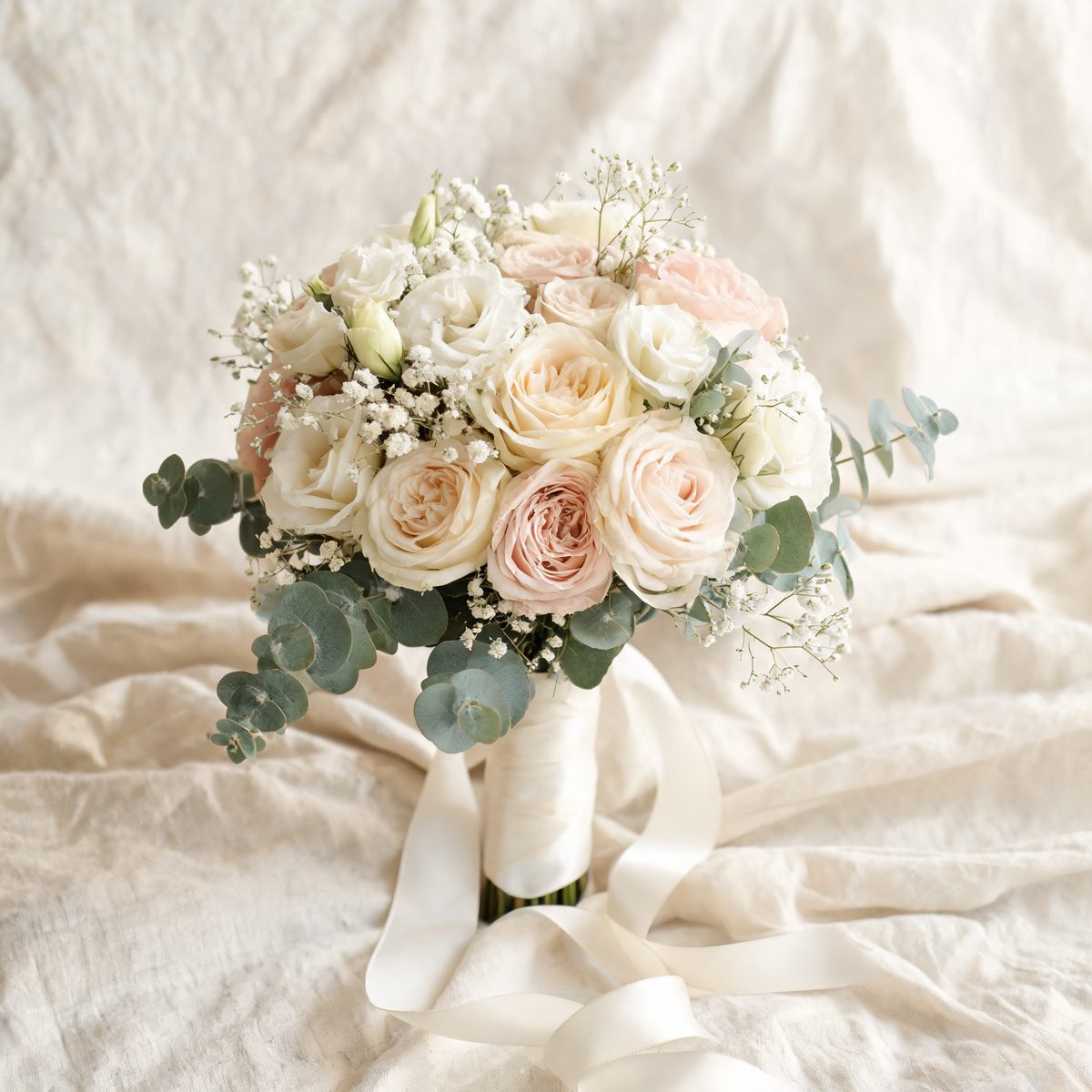 A bridal bouquet of cream and blush garden roses with trailing eucalyptus